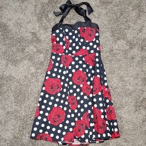 Dress Tells Floral A-line Swing Midi-M-Red/Black Polka Dots 50s style halter